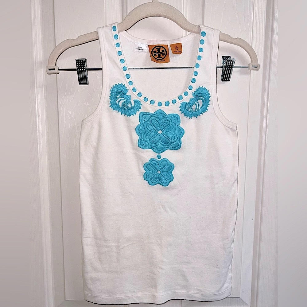Tory Burch Turquoise Embroidered Tank Top Size Small